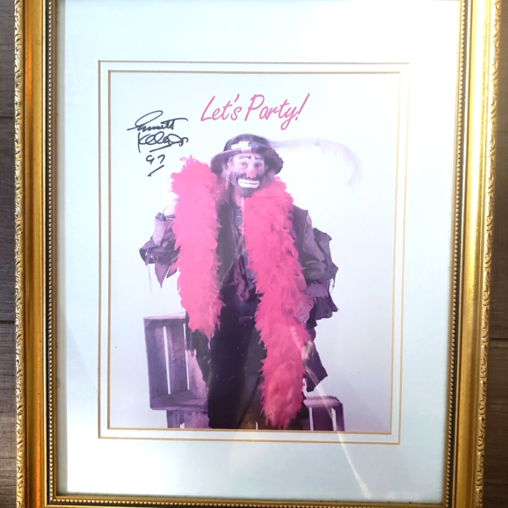 Emmett Kelly circus clown signed framed photo titled "let's party" 97